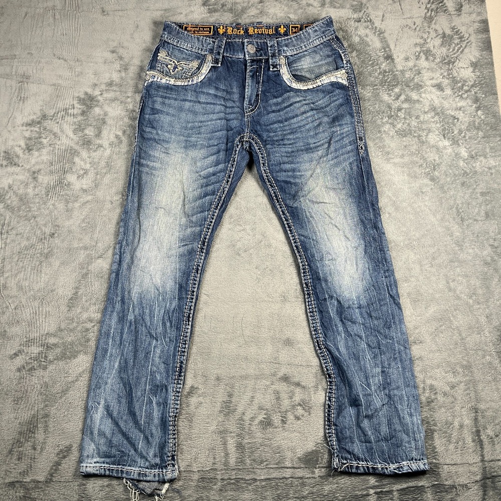 Rock Revival Adriel Jeans Men 34 Blue Whisker Denim Cotton Slim Fit Straight Leg